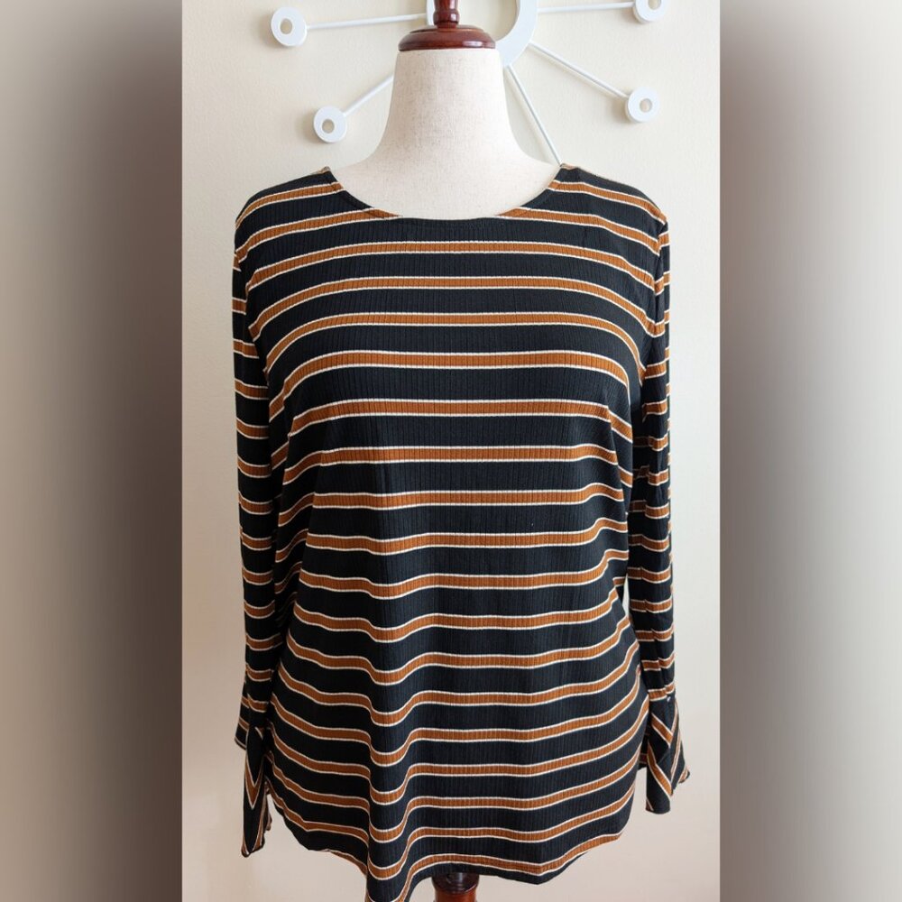 NWT Striped Ruffle Sleeve Top Plus 1X & 2X Ribbed Knit Long Sleeve Blouse